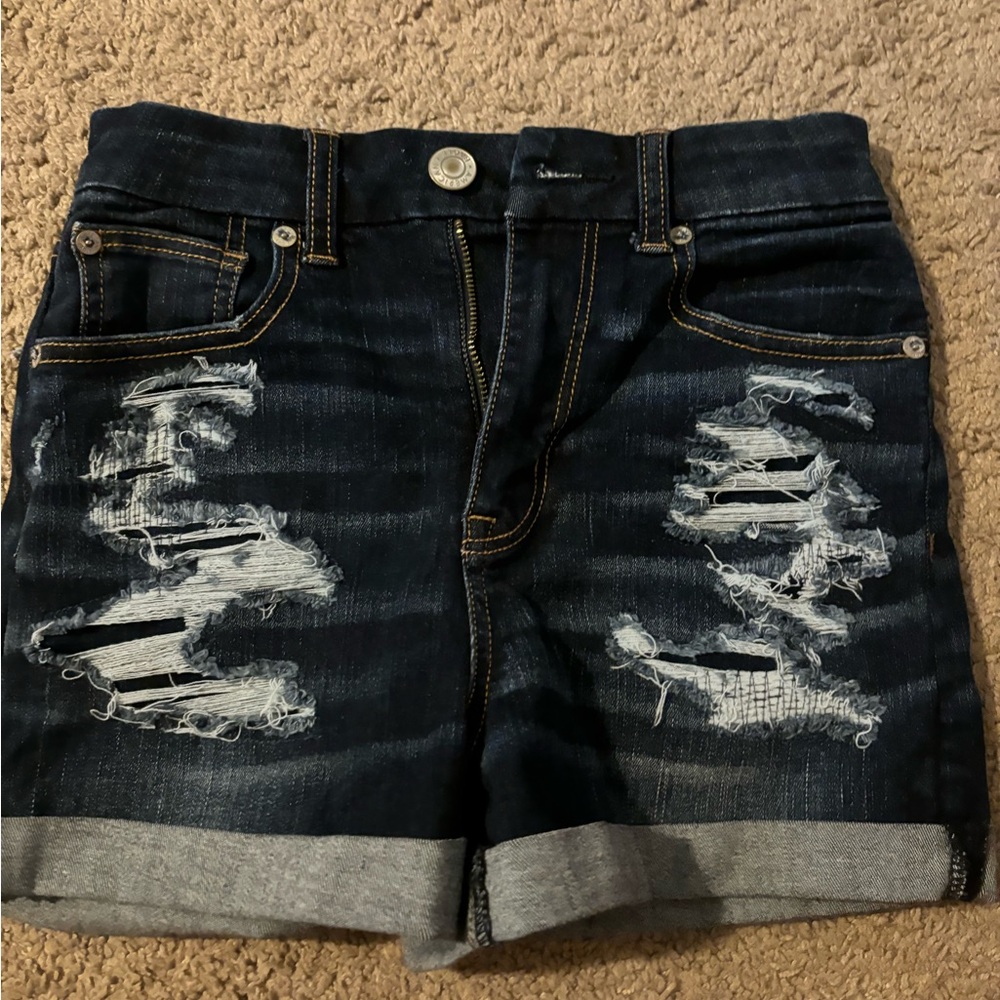 American Eagle Dark Wash-Ripped Jean Shorts Size 0